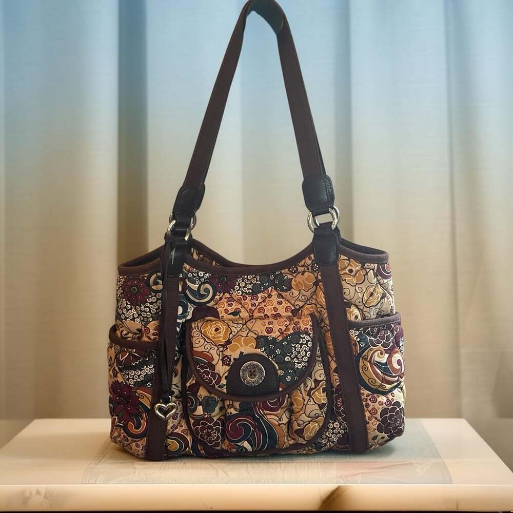 Vintage Brighton Quilted Floral Pattern Shoulder Bag with Brown Trim and Heart C